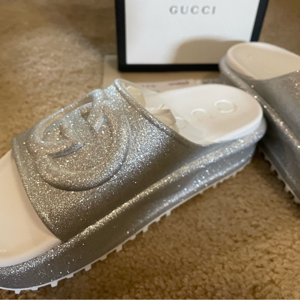 NWT! GUCCI silver glitter interlocking GG logo platform slide - 6 - Picture 6 of 14